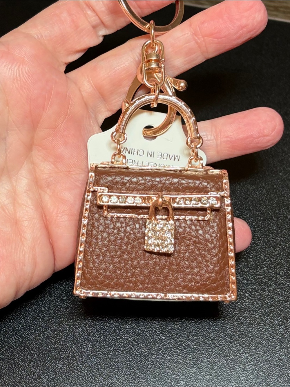 Brown Faux Leather Mini Handbag Keychain with Crystal Lock